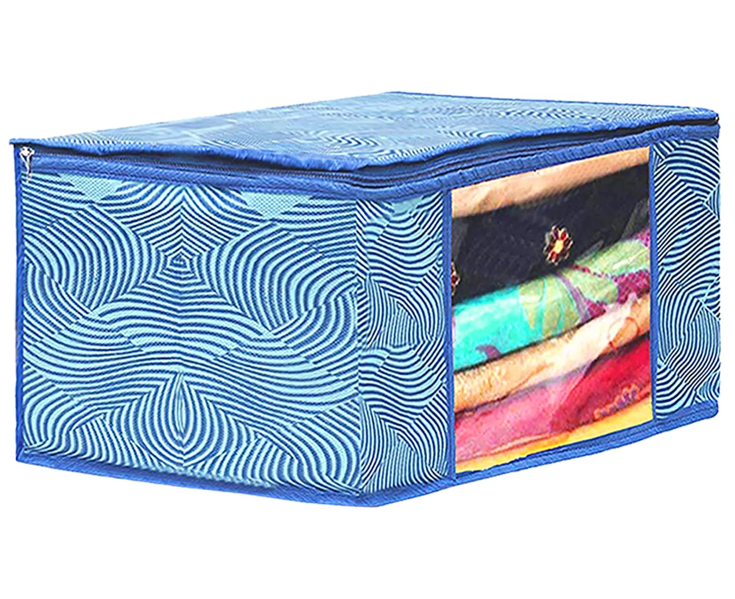 Heart Home Lahariya Design Non-woven 3 Saree & 3 Blouse Cover/Organizer Set With Transparent Window- Pack of 6 (Blue) -44HH0578