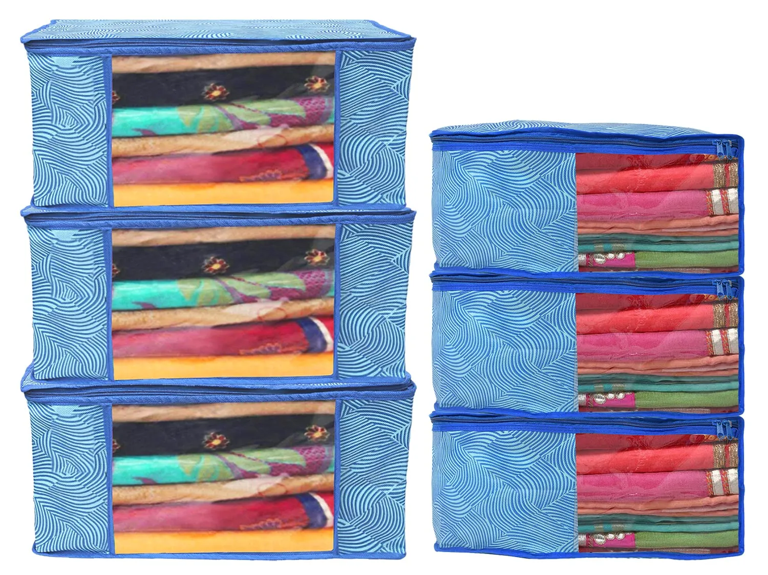 Heart Home Lahariya Design Non-woven 3 Saree & 3 Blouse Cover/Organizer Set With Transparent Window- Pack of 6 (Blue) -44HH0578