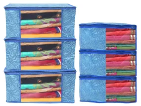 Heart Home Lahariya Design Non-woven 3 Saree & 3 Blouse Cover/Organizer Set With Transparent Window- Pack of 6 (Blue) -44HH0578