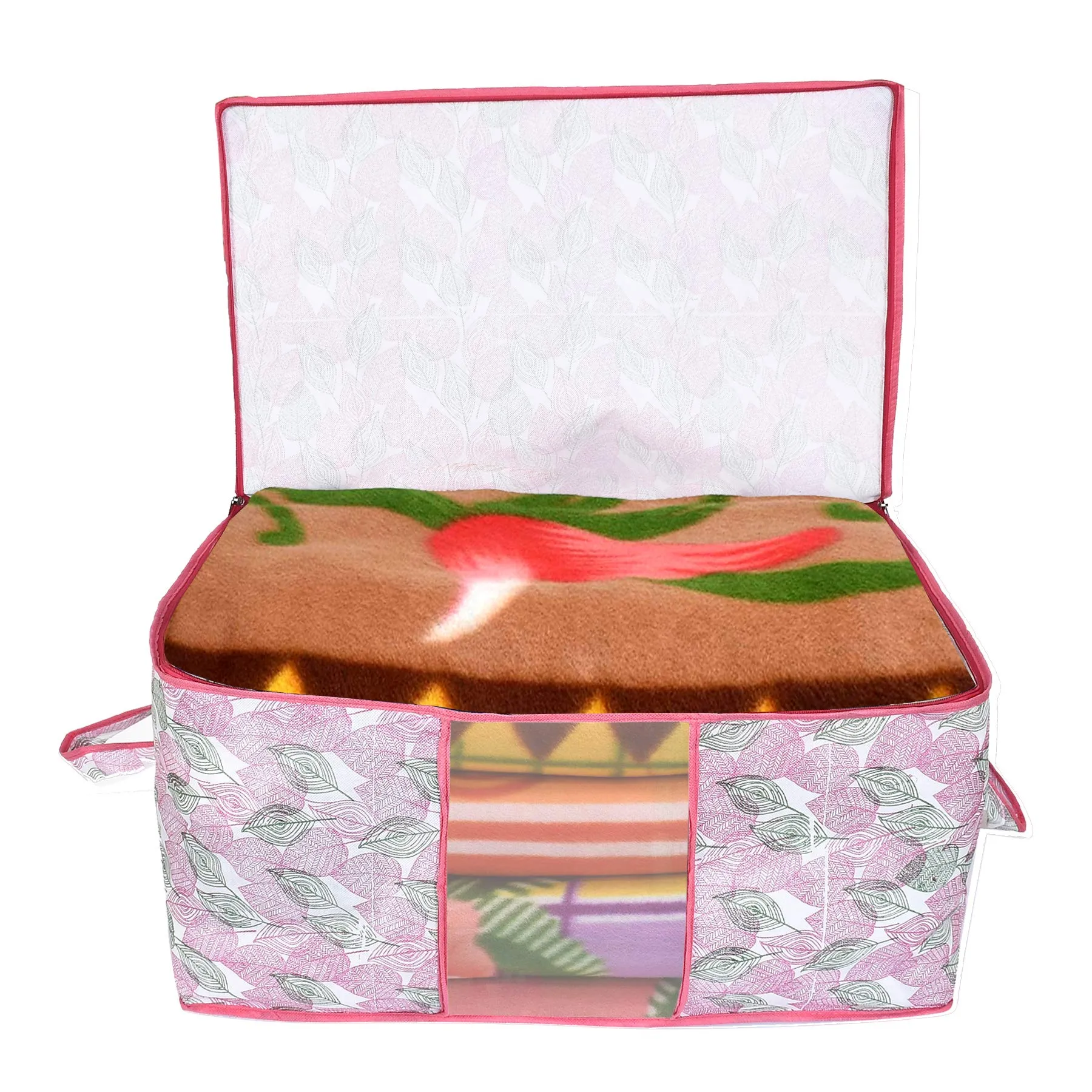 Heart Home Leaf Design Non-woven Underbed, Strorage Organizer With Transparent Window- Pack of 12 (Pink)-44HH0492