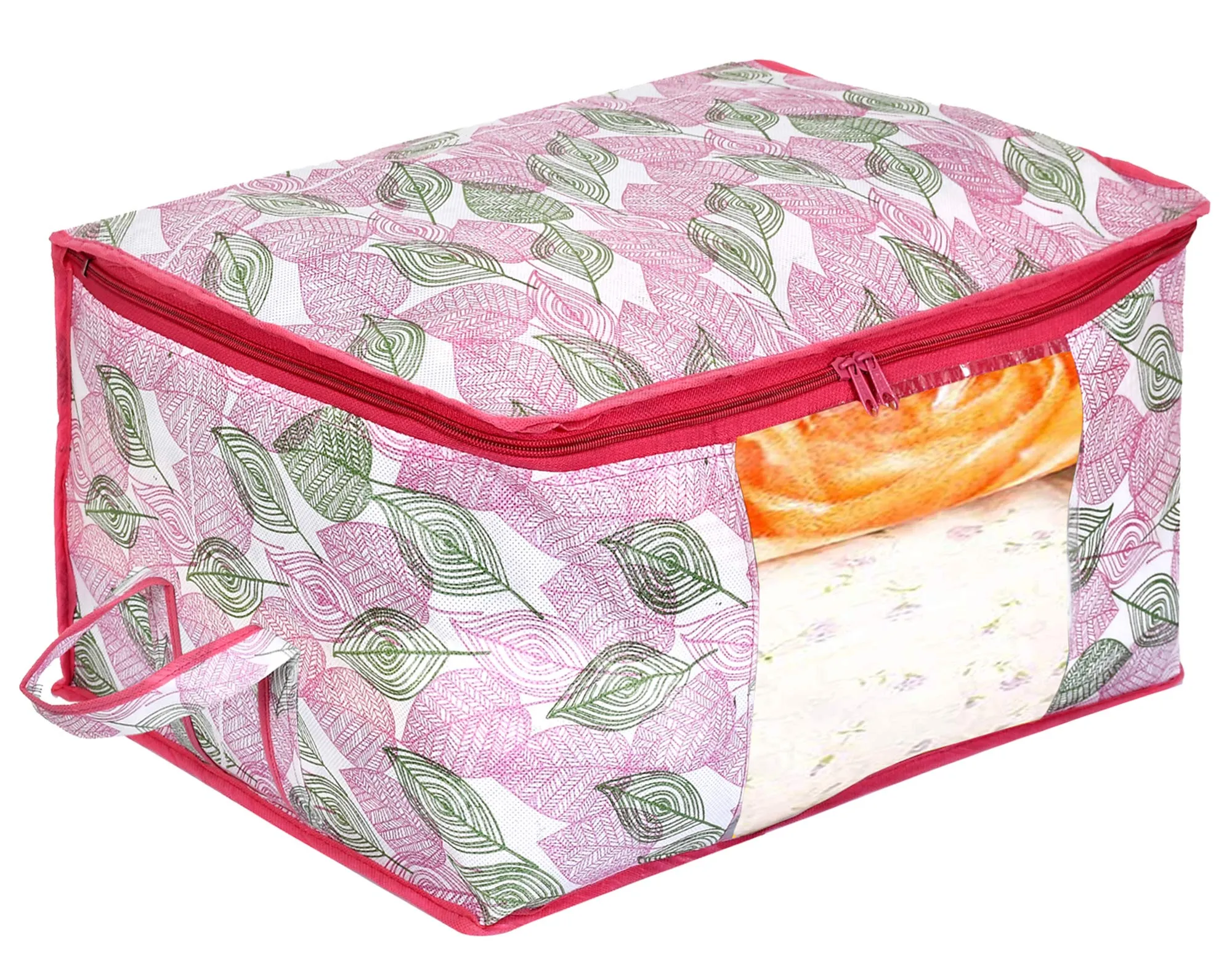 Heart Home Leaf Design Non-woven Underbed, Strorage Organizer With Transparent Window- Pack of 12 (Pink)-44HH0492