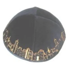 Jerusalem Kippah / Yarmulke - Gold / Brown Embroidery Navy Blue Velvet