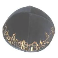 Jerusalem Kippah / Yarmulke - Gold / Brown Embroidery Navy Blue Velvet