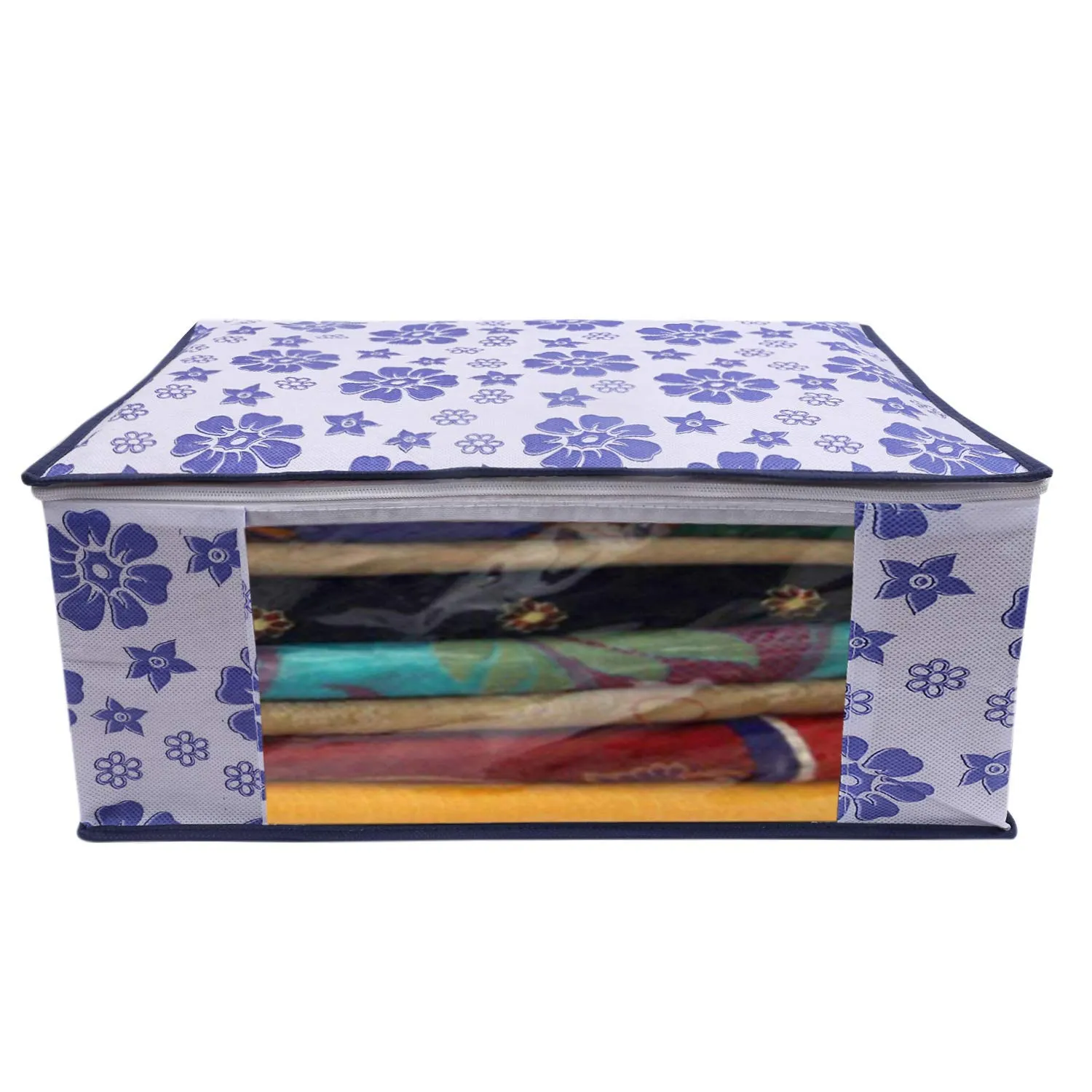 Kuber Industries Flower Printed Non Woven 4 Pieces Saree Cover and 4 Pieces Underbed Storage Bag, Cloth Organizer for Storage, Blanket Cover Combo Set (Royal Blue) -CTKTC38625