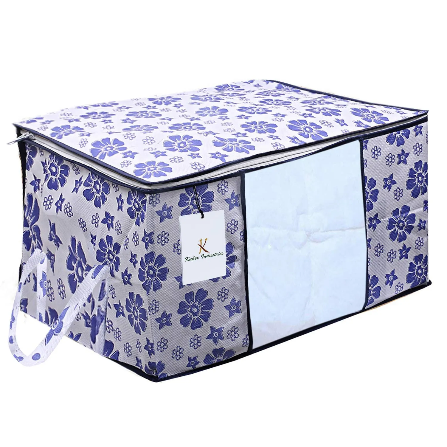 Kuber Industries Flower Printed Non Woven 4 Pieces Saree Cover and 4 Pieces Underbed Storage Bag, Cloth Organizer for Storage, Blanket Cover Combo Set (Royal Blue) -CTKTC38625