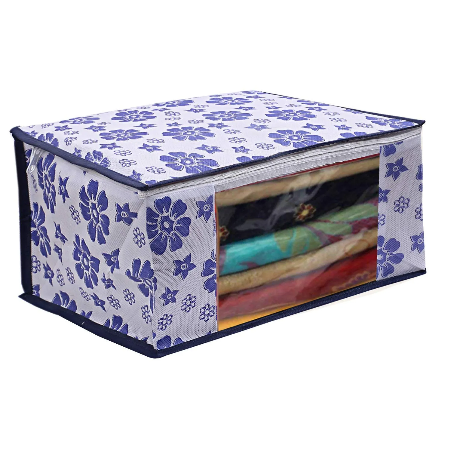 Kuber Industries Flower Printed Non Woven 4 Pieces Saree Cover and 4 Pieces Underbed Storage Bag, Cloth Organizer for Storage, Blanket Cover Combo Set (Royal Blue) -CTKTC38625