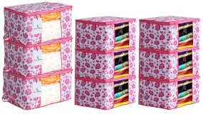 Kuber Industries Flower Printed Non Woven 6 Pieces Saree Cover and 3 Pieces Underbed Storage Bag, Cloth Organizer for Storage, Blanket Cover Combo Set (Pink) -CTKTC38616