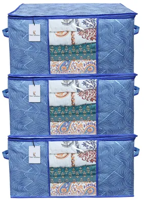 Kuber Industries Leheriya Design Underbed Storage Bag, Storage Organiser, Blanket Cover Set Of 3 (Royal Blue, Non-Woven), 65 x 47 x 33 Centimeters