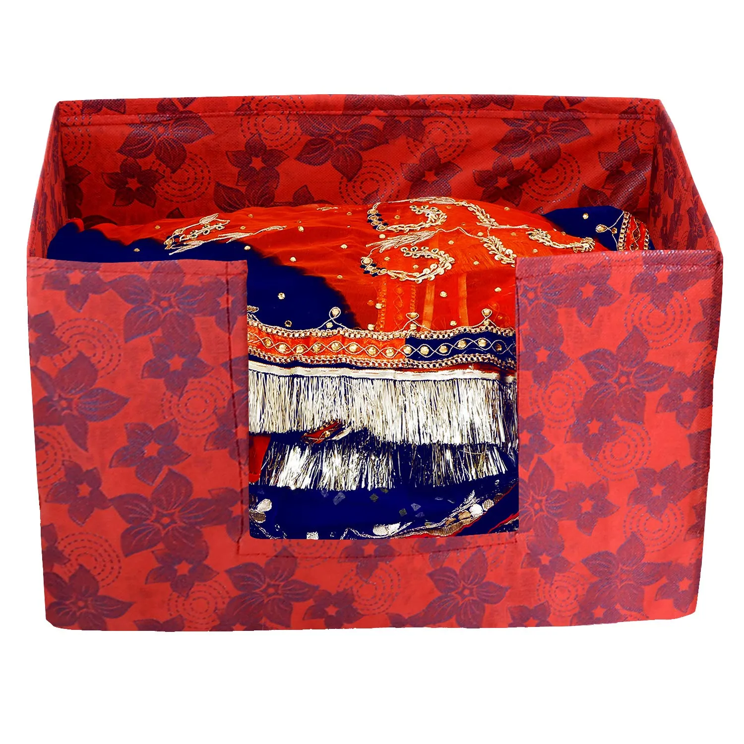 Kuber Industries Metalic Flower Large Capacity Space Saver Closet, Stackable and Foldable Saree, Clothes Storage Bag, Non-Woven Rectangle Cloth Saree Stacker Wardrobe Organizer (Red) CTKTC034567