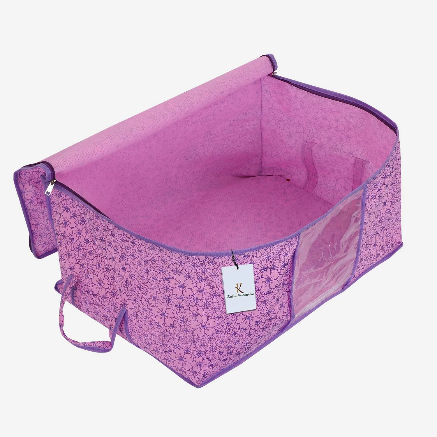 Kuber Industries Metallic Flower Design Non Woven Rectangular Underbed Storage|Storage Organiser|Blanket Cover (Pink and Purple)