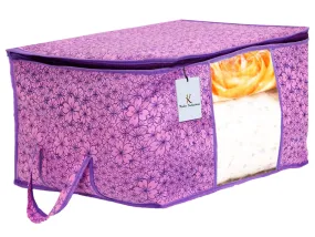 Kuber Industries Metallic Flower Design Non Woven Rectangular Underbed Storage|Storage Organiser|Blanket Cover (Pink and Purple)