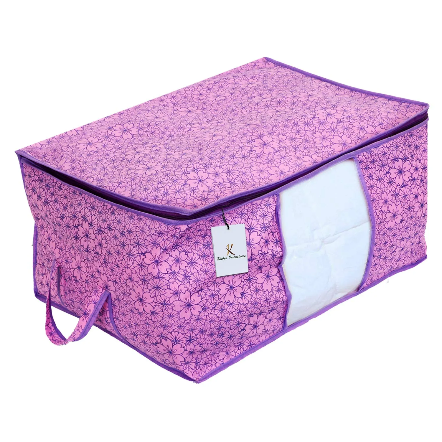 Kuber Industries Metallic Flower Design Non Woven Rectangular Underbed Storage|Storage Organiser|Blanket Cover (Pink and Purple)