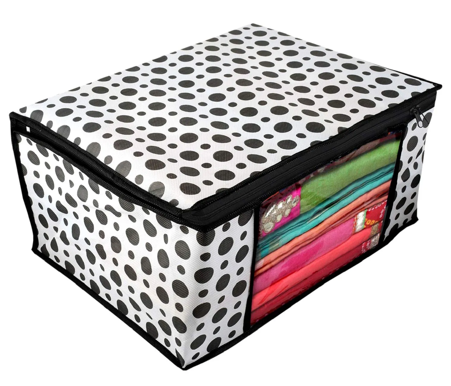 Kuber Industries Polka Dots Design Non-woven Foldable Saree Cover|Clothes Storage Bag/Wardrobe Organizer|Zipper Closer With Transparent Window|Size 46 x 32 x 22 CM|Pack of 3 (Black & White)