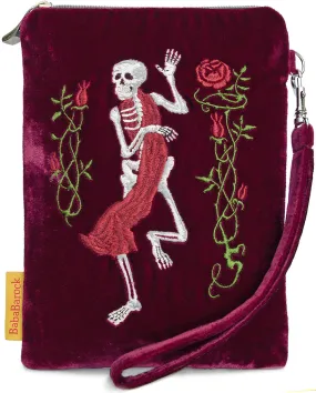 Memento Mori Skeleton - silk velvet embroidered wristlet. Burgundy