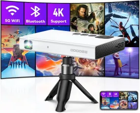 Mini Projector 4K, Goodee 1080P Support Pocket DLP Projector with Wifi and Bluetooth, Pico Portable Outdoor Movie Projector with Tripod&Bag, Video Rechargeable Battery Short Throw for Iphone/Android