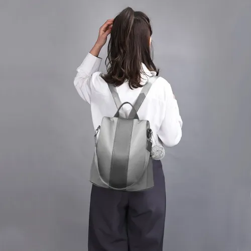 Miss Lulu Two Way Backpack Shoulder Bag with Pom Pom Pendant - Grey | Stylish & Versatile Travel Bag