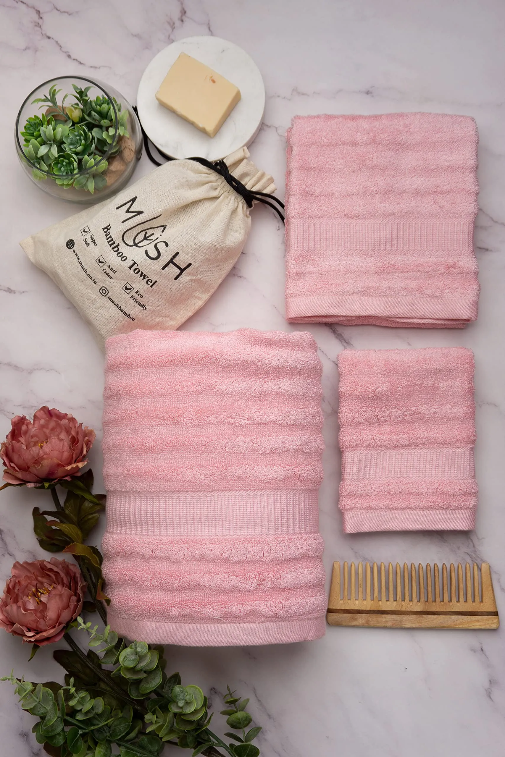 Mush Bamboo Towel: Ultra Soft, Absorbent, Eco 600 GSM 6 Pieces (2 Bath, 2 Hand, 2 Face) Couple Gift Set (Cream & Green) (Pink & White)