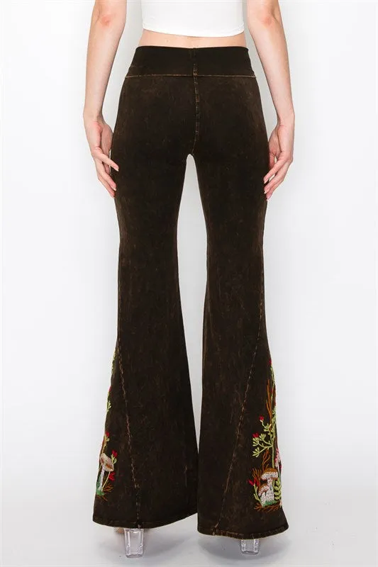 Mushroom Embroidered Bell Bottom Mineral Washed Pants