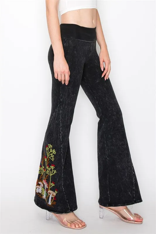 Mushroom Embroidered Bell Bottom Mineral Washed Pants