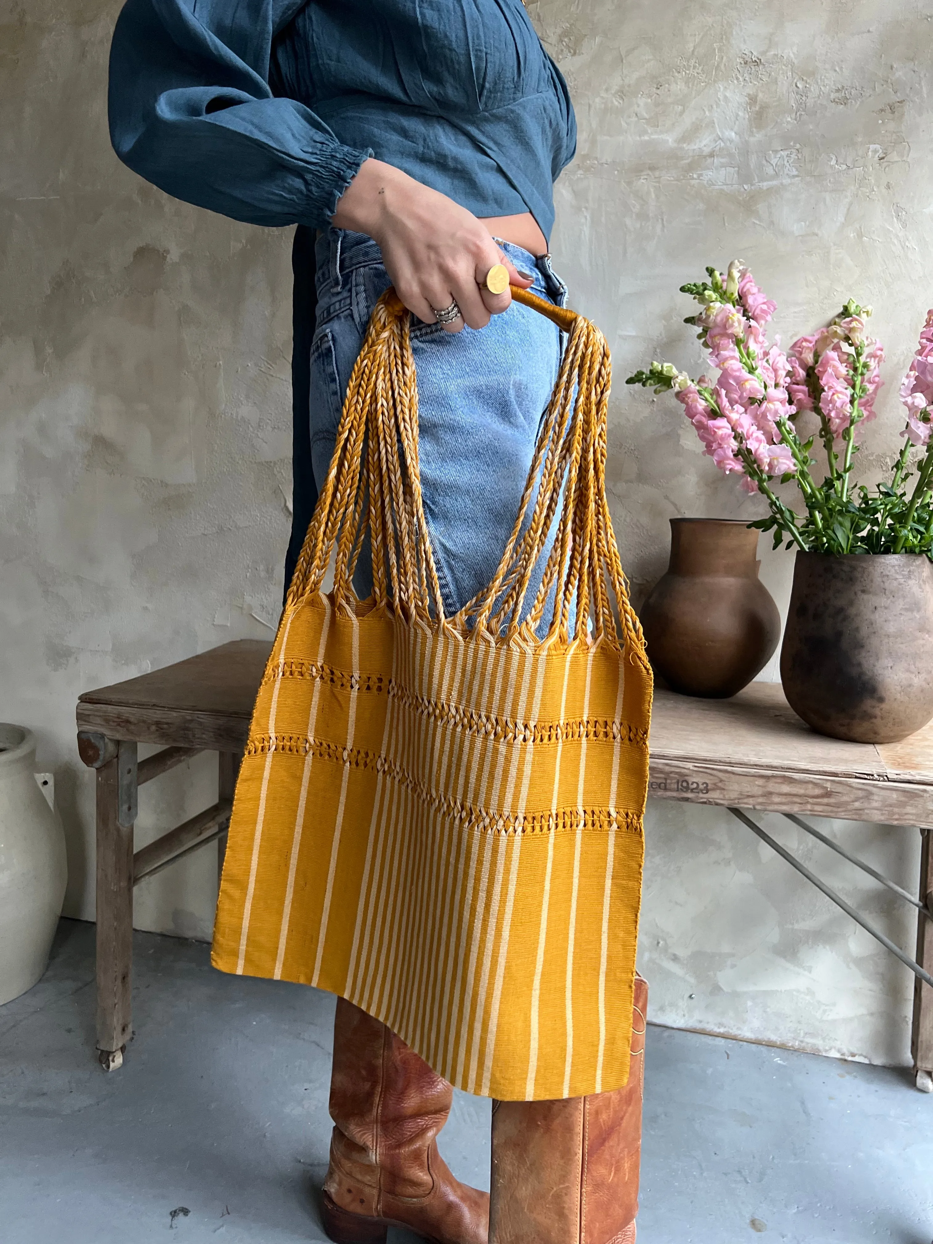 Mustard Woven Striped Tote Bag