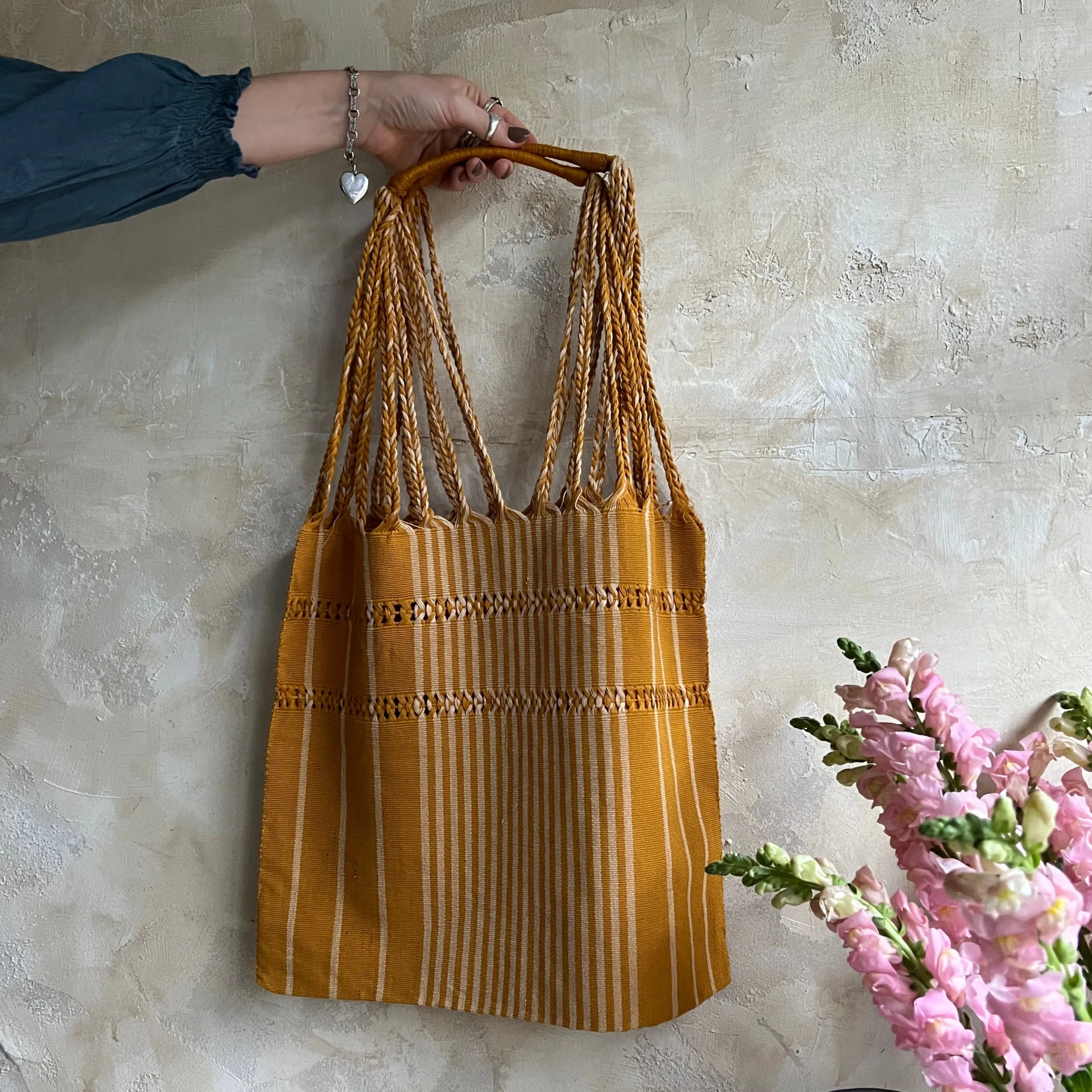 Mustard Woven Striped Tote Bag