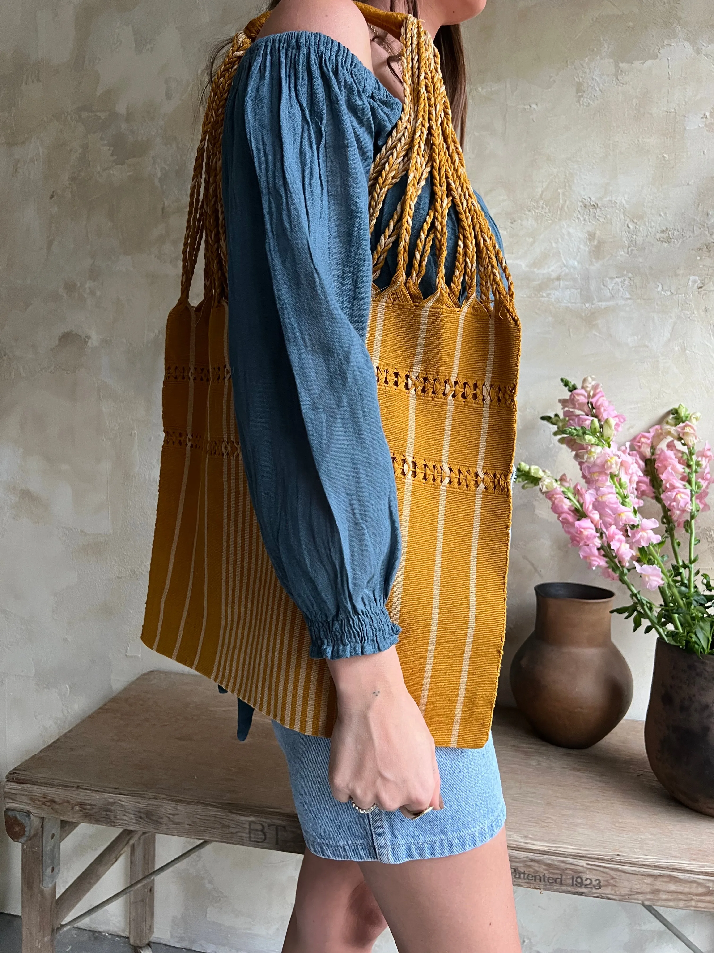 Mustard Woven Striped Tote Bag