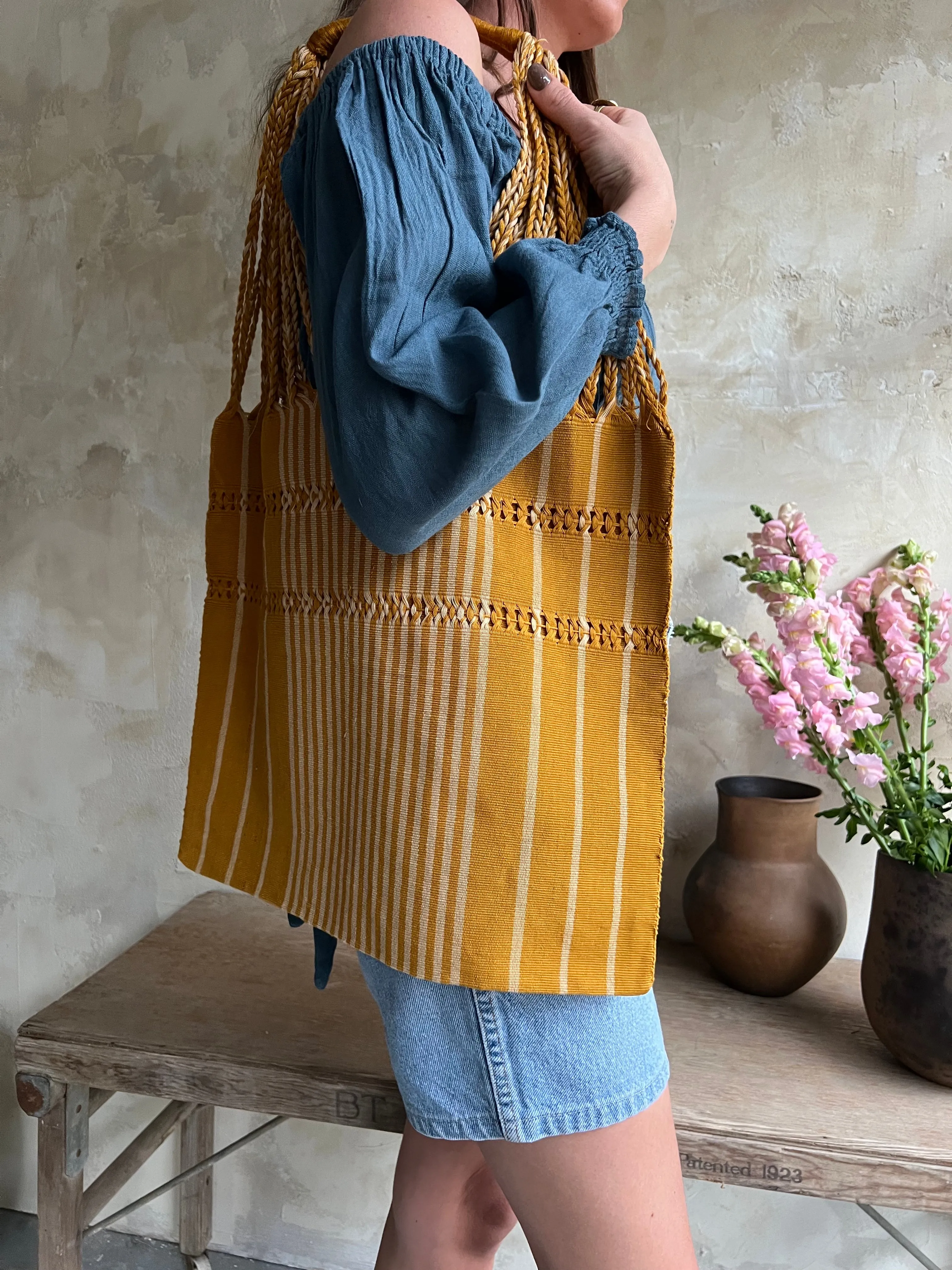 Mustard Woven Striped Tote Bag