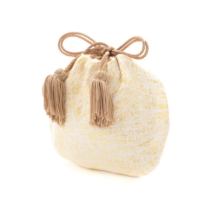 Nishijin-ori Small Drawstring Bag - Crumpled Pattern / Gold and White -,  Made in Kyoto, Japan,  Japanese traditional craft purse