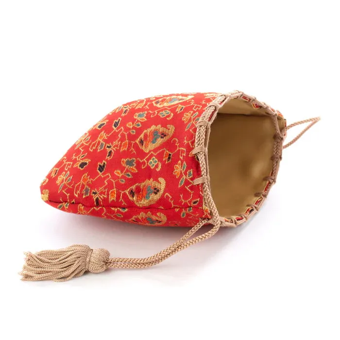 Nishijin-ori Small Drawstring Bag - Flower, Fruit, and Tree / Red -,  Made in Kyoto, Japan,  Japanese traditional craft purse