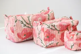 'Peach poppies' printed travel/makeup zipper pouch-set of 3