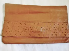 Poked tooled leather clutch bag flap purse case pouch document holder BROWN