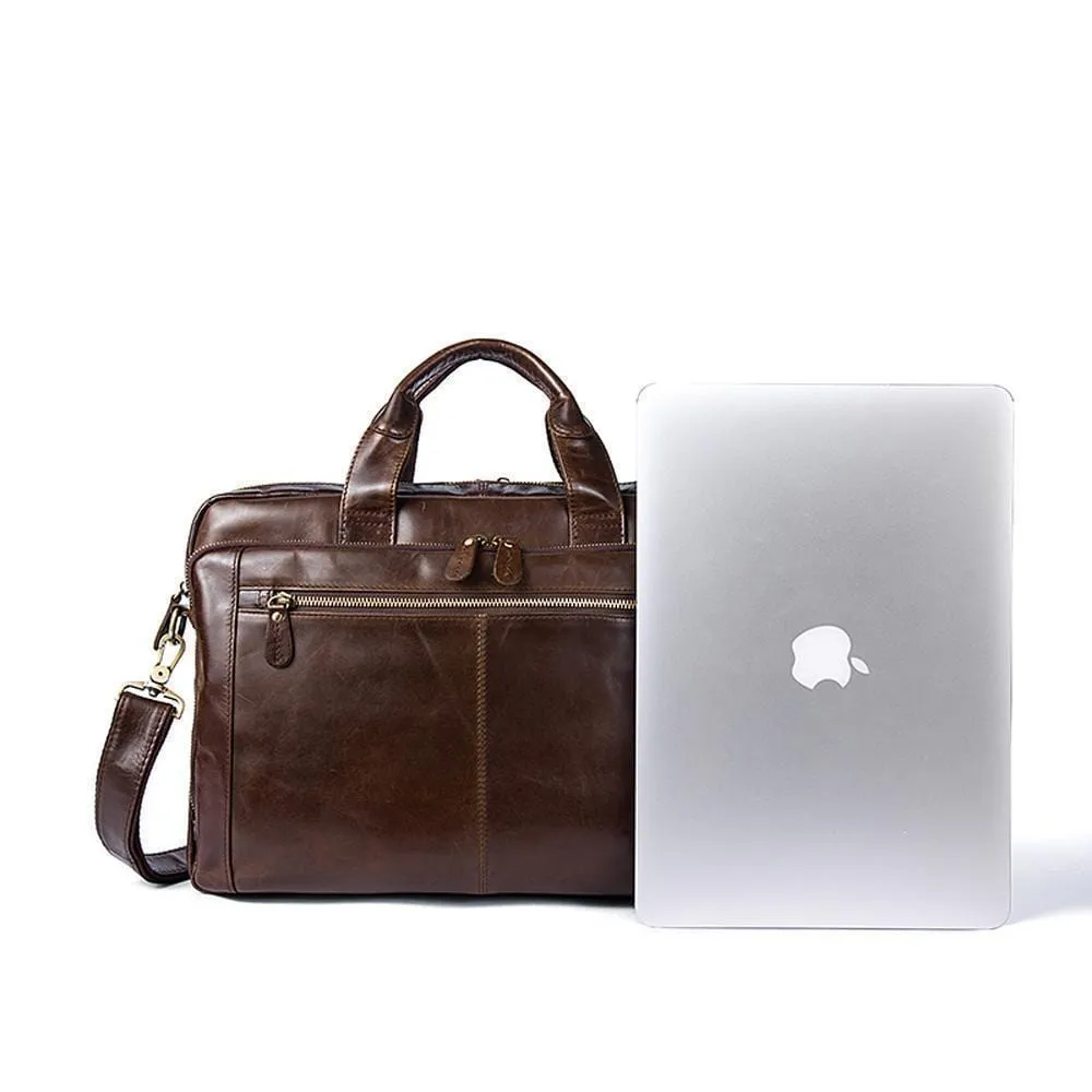 Rossie Viren Vintage Leather Expandable 14"Laptop Business Briefcase Carryall,Brown