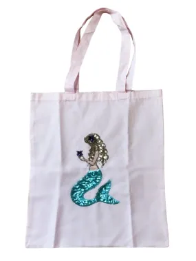 Stella Cove Girls Pink Sequin Mermaid Patch Linen Beach Tote Bag