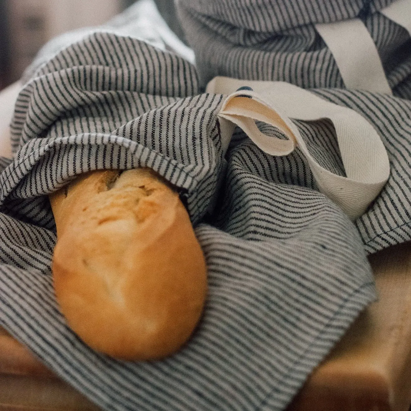 Striped Linen Baguette Bag Dark Blue/Natural