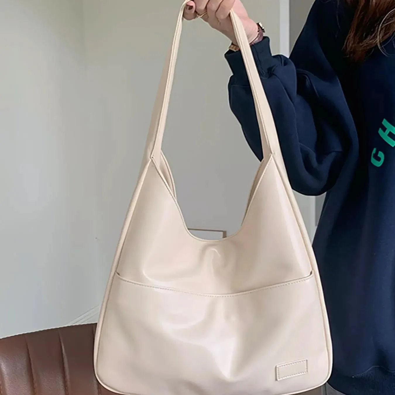 Summer 2024 Trendy Solid Color Large Capacity Tote Bag for Women, Retro Fashion Pu Leather Snap Purse Handbag, Casual Commuting Purse College Students Class Shoulder Bag, Matching Underarm Bag Spring