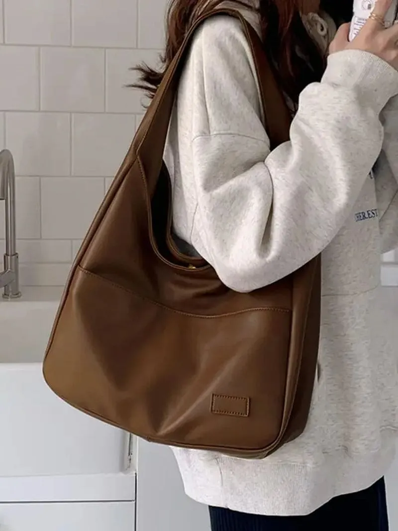 Summer 2024 Trendy Solid Color Large Capacity Tote Bag for Women, Retro Fashion Pu Leather Snap Purse Handbag, Casual Commuting Purse College Students Class Shoulder Bag, Matching Underarm Bag Spring