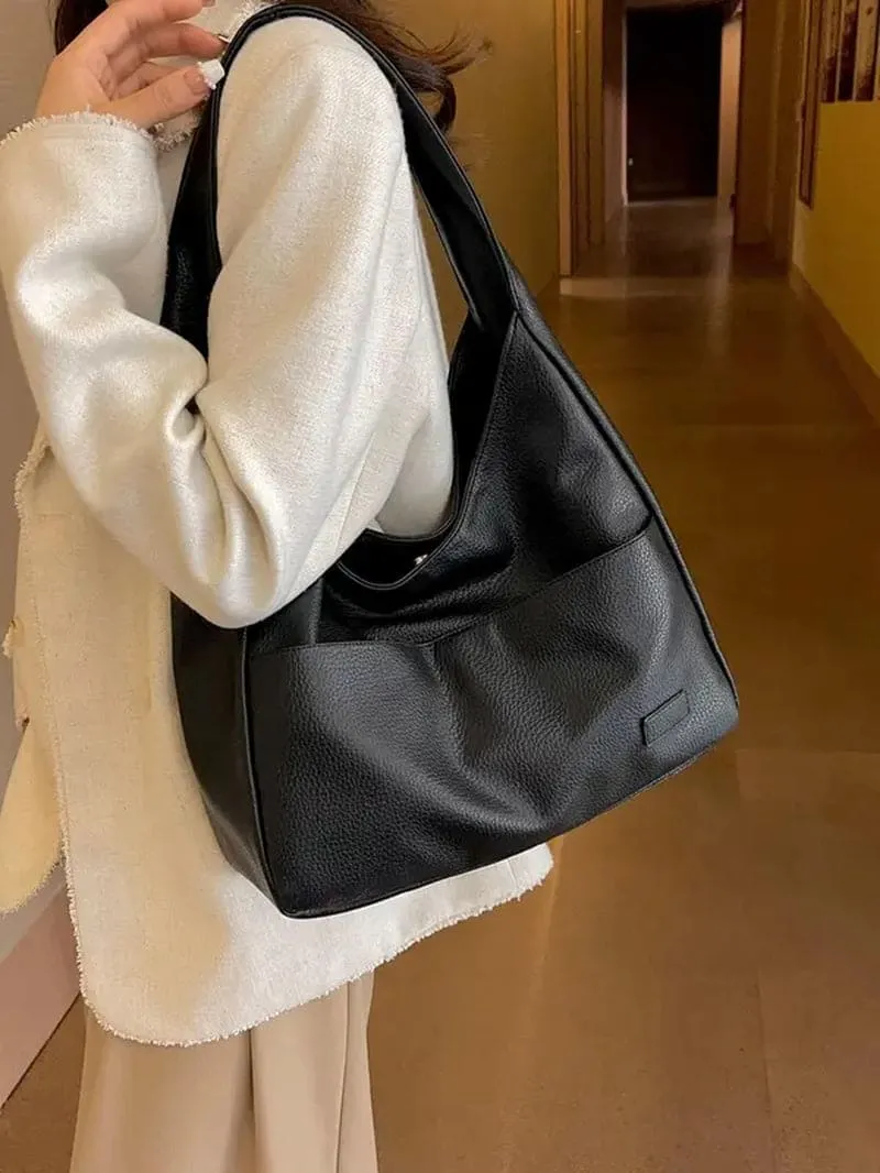 Summer 2024 Trendy Solid Color Large Capacity Tote Bag for Women, Retro Fashion Pu Leather Snap Purse Handbag, Casual Commuting Purse College Students Class Shoulder Bag, Matching Underarm Bag Spring