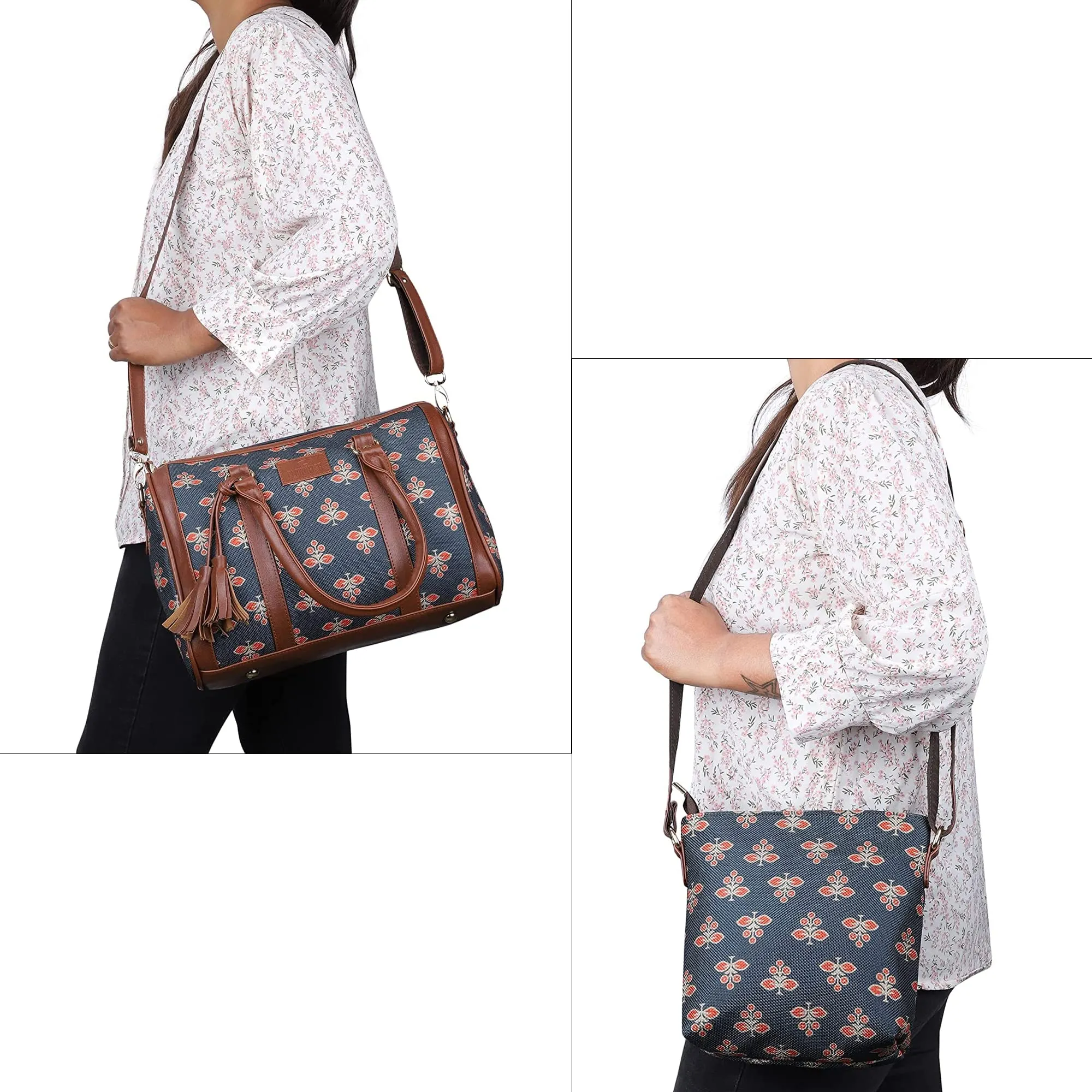 The Clownfish Combo of Lorna Printed Handicraft Fabric Handbag and Aahna Polyester Crossbody Sling bag for Women (Dark Grey)