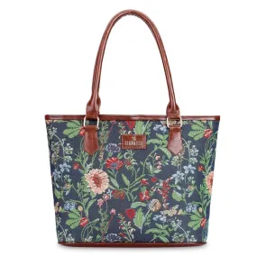 THE CLOWNFISH Justina Tapestry Fabric & Faux Leather Handbag for Women Office Bag Ladies Shoulder Bag Tote For Women College Girls (Navy Blue-Floral)