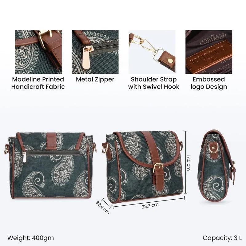 THE CLOWNFISH Madeline Printed Handicraft Fabric Handbag for Women Sling Bag Office Bag Ladies Shoulder Bag with Snap Flap Closure & Shoulder Belt Tote For Women College Girls (Ash Grey)