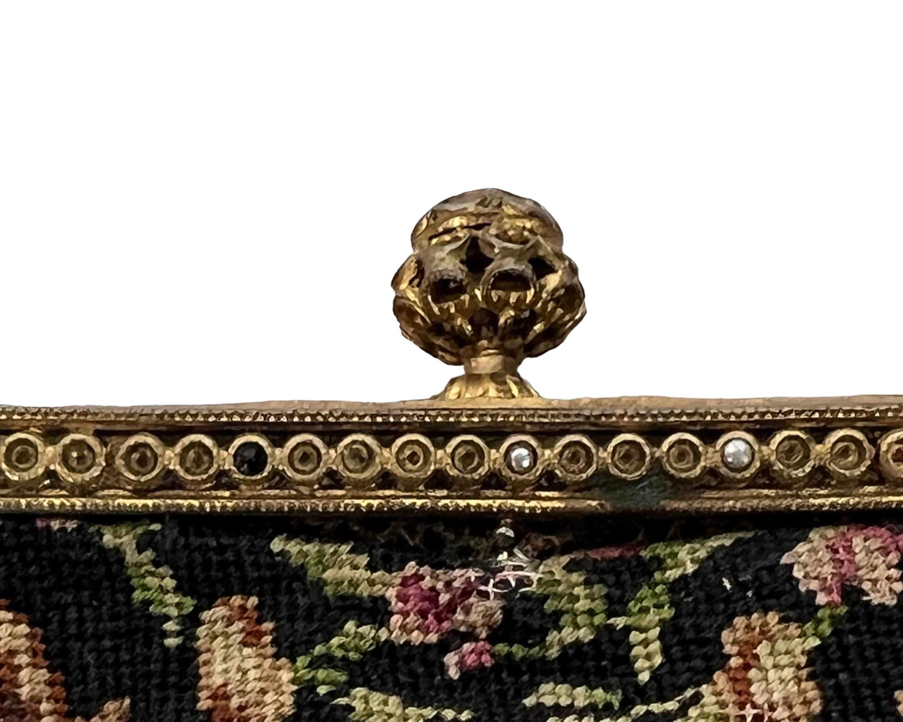 Vintage Petit Point Purse Floral Pattern with Jeweled Ormolu Frame