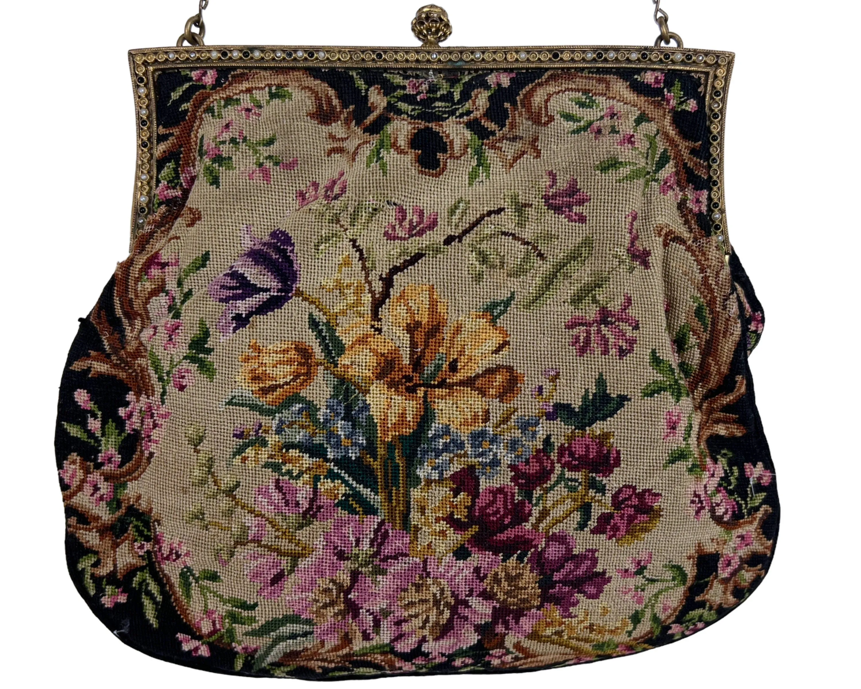 Vintage Petit Point Purse Floral Pattern with Jeweled Ormolu Frame