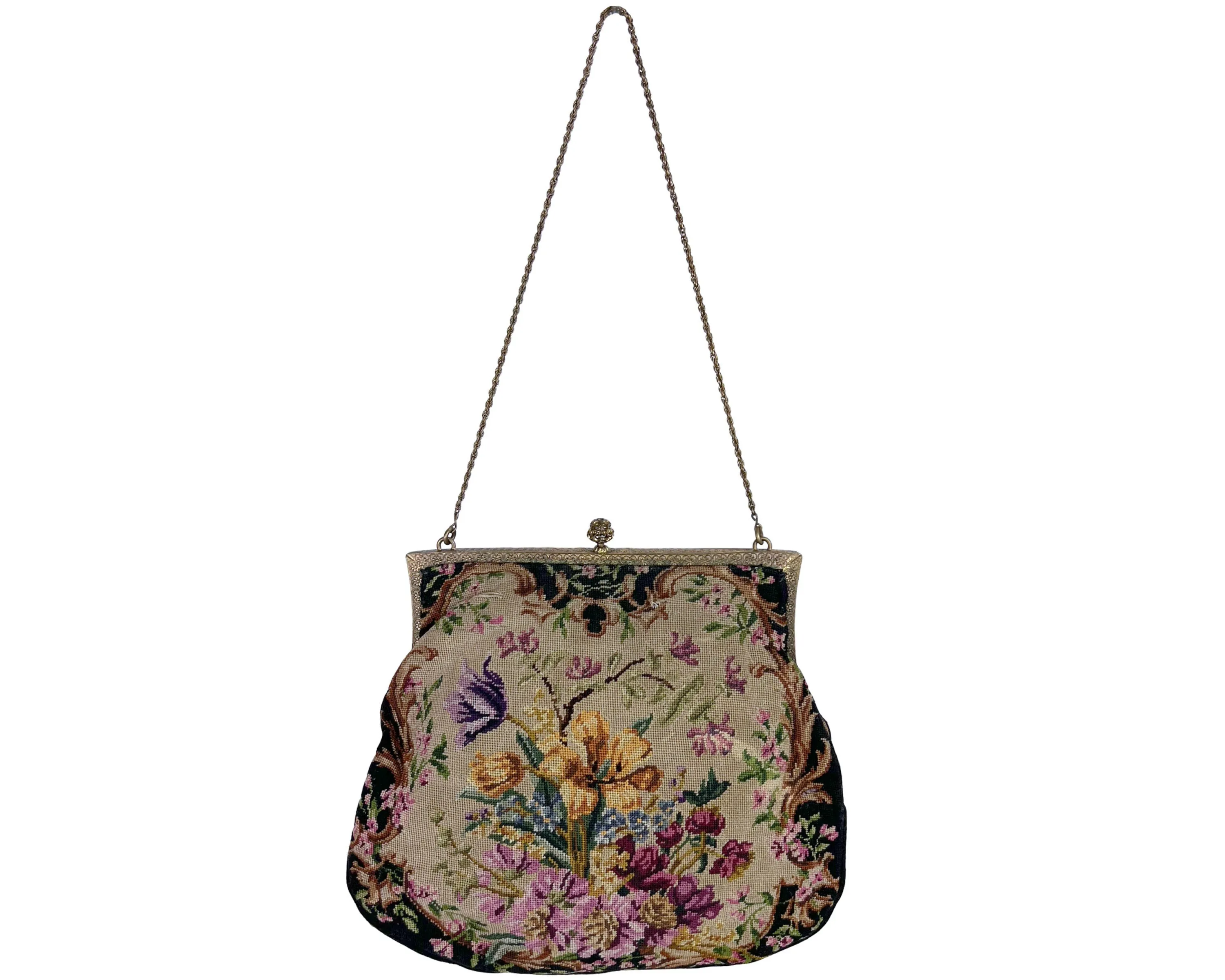 Vintage Petit Point Purse Floral Pattern with Jeweled Ormolu Frame