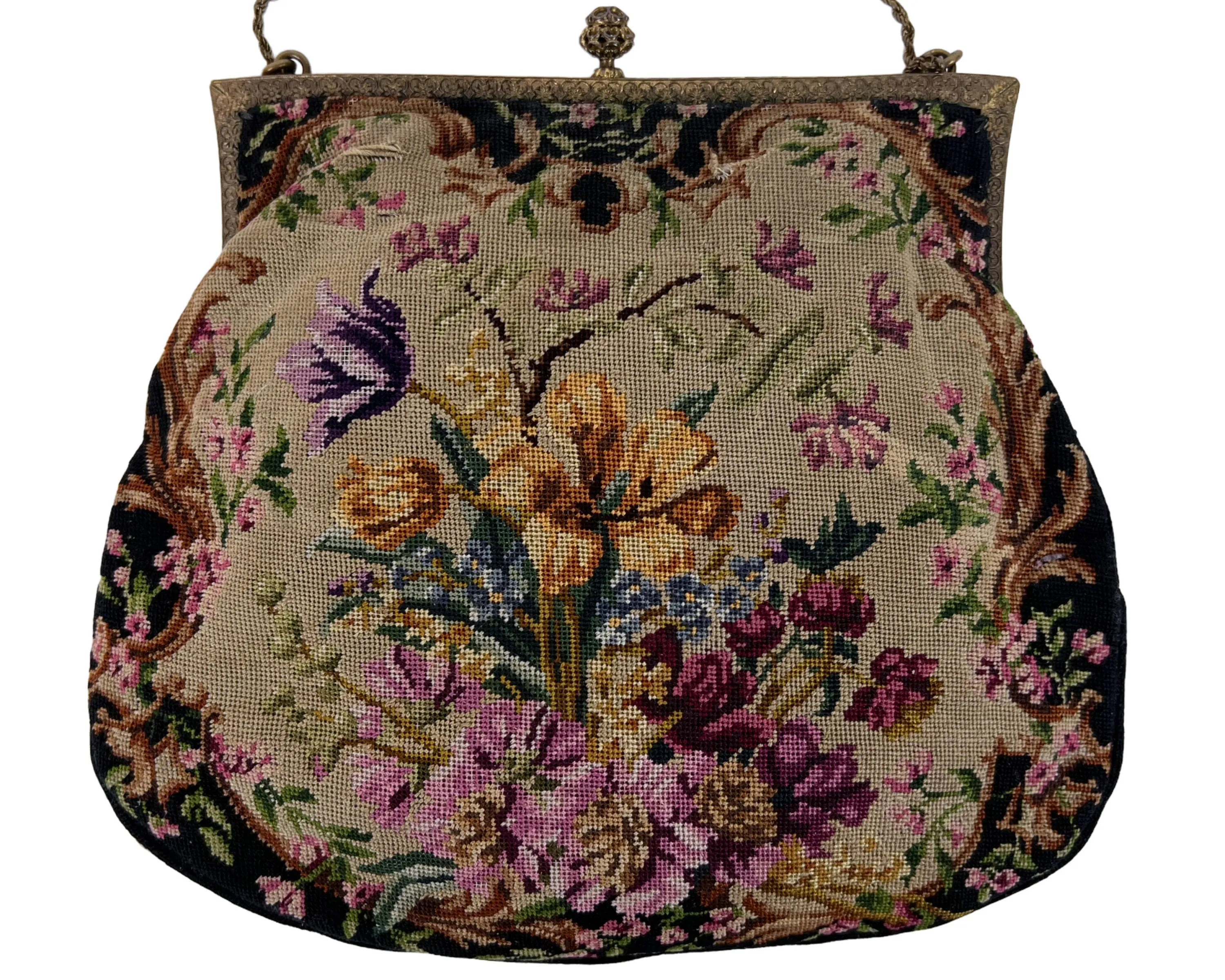 Vintage Petit Point Purse Floral Pattern with Jeweled Ormolu Frame